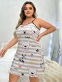 Plus Size Cartoon And Striped Pattern Sleeveless Nightgown