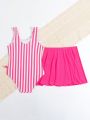 Young Girl Striped One-Piece Swimsuit And Swim Skirt