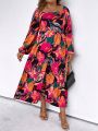 SHEIN LUNE Plus Size Full-length Floral Print Lantern Sleeve Vacation Style Dress