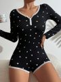 Heart Print Lace Trim Button Front Sleep Romper