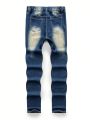 SHEIN Teen Boys' Casual Retro Skinny Fit Distressed Washed Denim Jeans, Suitable For Spring, Summer, Autumn