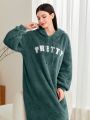 SHEIN Mulvari Letter Embroidery Drop Shoulder Drawstring Flannel Hooded Sweatshirt Dress