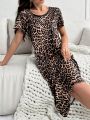 Leopard-print Loose-fit Short Sleeve Pajamas With Round Neck