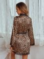 Cheetah Print Contrast Lace Belted Night Robe