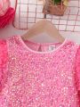 SHEIN Kids QTFun Little Girls' Fuzzy Long Sleeve Sparkly Party Dress For Fall And Winter