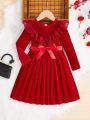 SHEIN Kids FANZEY Toddler Girls' Knitted Solid Color Short Plush Round Neck Wide Hemline Elegant Dress