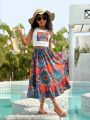 SHEIN Kids Cooltwn Tween Girls' Daily Casual Knitted Floral Print Sleeveless Tank Top And Skirt Set