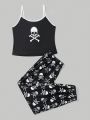 ROMWE Goth Women's Plus Size Skull Printed Cami Top & Long Homewear Set For Home