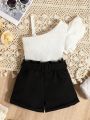 Baby Girls' Asymmetrical Collar Ruffle Decor Top And Shorts Set