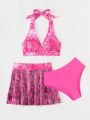 3pcs/Set Women's Tie-Dye Halter Neck Swimsuit With Beach Skirt And Shorts