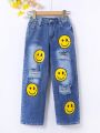 Tween Girl Expression Print Ripped Straight Leg Jeans
