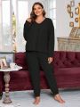 Plus Size Women's Ribbed Long Sleeves And Trousers Pajama Set