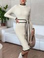 SHEIN Privé Contrast Binding Belted Bodycon Sweater Dress