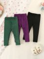 3pcs/set Baby Girls' Leisure Velvet Striped Leggings To Wear Outside