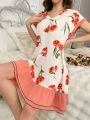 Women's Floral Print Colorblock Sleep Dress With Ruffle Hem