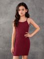 SHEIN Tween Girl Solid Rib-knit Dress & Button Placket Jacket