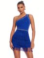 SHEIN BAE Sexy Blue Tassel One Shoulder Rhinestone Sparkling Mini Dress For Valentine's Day Date Night Or Party