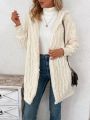 Solid Pom Pom Detail Open Front Hooded Teddy Coat