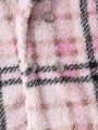 Baby Girls' New Casual Elegant Vintage Style Loose Comfortable Long Sleeve Pink Plaid Printed Lamb Wool Added Mid-length Coat For Autumn And Winter