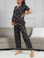 Maternity Heart Printed Contrast Piping Pajama Set