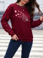 Feather & Heart Print Drop Shoulder Sweatshirt