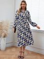 EMERY ROSE Women's Full Print Lantern Sleeve Dress With Notch Neckline