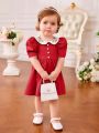 SHEIN Infant Girls' Contrast Color Floral Embroidery Peter Pan Collar Bubble Short Sleeve Dress