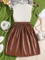 Teen Girls' Solid Color Ruffle Trim Top And Skirt Set