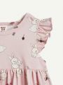 Cozy Cub Baby Girl Cartoon Little Rabbit Pattern Ruffled Round Neckline Empire Waist Dress Set