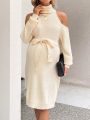 SHEIN Maternity High Neck Hollow Out Shoulder Belted Sweater Dress