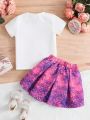 SHEIN Kids HYPEME Girl's Character Pattern Short-sleeved T-shirt And Bow Skirt Two-piece Summer Set