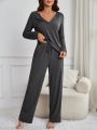 Ladies' Solid Color Long Sleeve Top And Long Pants Pyjamas Set