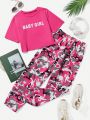 1pc Letter Graphic Crop Tee & 1pc Camo Print Pant