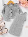 SHEIN Kids HYPEME Toddler Girls' Knitted Solid Cardigan Sweater Top And Vest Dress Set