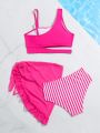 Girls' (big) Pink Asymmetrical Swimwear, Top, Shorts & Skirt Separates, Random Printed