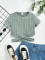 SHEIN Kids EVRYDAY Girls' Knit Ribbed Round Neck Short Sleeve T-Shirt With Asymmetrical Hem For Casual Wear