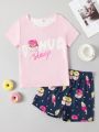 Girls Letter & Cartoon Graphic PJ Set