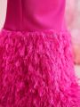 SHEIN Kids CHARMNG Tween Girls' Stretchy Flared Pants With Knit Patchwork And Furry Material, Elastic High Waist