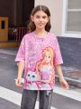 SHEIN Kids SUNSHNE Girls' Knitted Cute Cat Pattern Loose Fit T-Shirt With Round Neckline