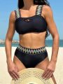 SHEIN Swim BohoFeel Chevron Tape Cut Out High Waisted Bikini Swimsuit