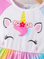 SHEIN Kids QTFun Toddler Girls' Lovely Unicorn Tie-Dye Dress