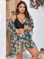 SHEIN Swim Vcay Plus Size Women'S Pineapple & Floral Print Three-Piece Swimsuit With Separated Top, Shorts And Skirt