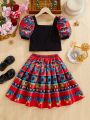 SHEIN Kids Nujoom Tween Girls' Cute Square Neck Puff Sleeve Shirt And Retro Printed A-Line Skirt Two Piece Set