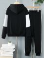 Teenage Boys' Colorblock Hoodie And Sweatpants Set For Fall And Winter