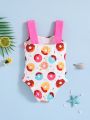 SHEIN Baby Girls' Cute Donut Pattern Color Block Swimsuit With Bow Decoration