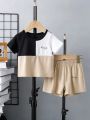 Baby Boy Street & Fashionable Letter Printed Color Block Top & Shorts Set