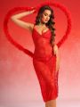 SHEIN Valentine's Day Women's Solid Color Lace Halter Neck Split Sexy Lingerie