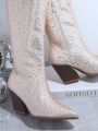 Metallic Rhinestone Decor Side Zipper Chunky Heeled Boots