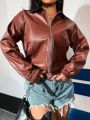 Women's Faux Leather Zipper Front Oversized Jacket With Drop Shoulder