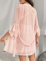 Contrast Lace Flounce Sleeve Belted Mesh Robe & Cami Nightdress